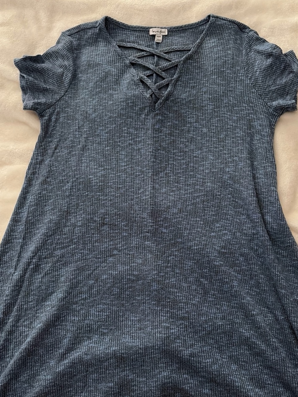 Lace-Up V-Neck Ribbed Short Sleeve Dress - Blue -